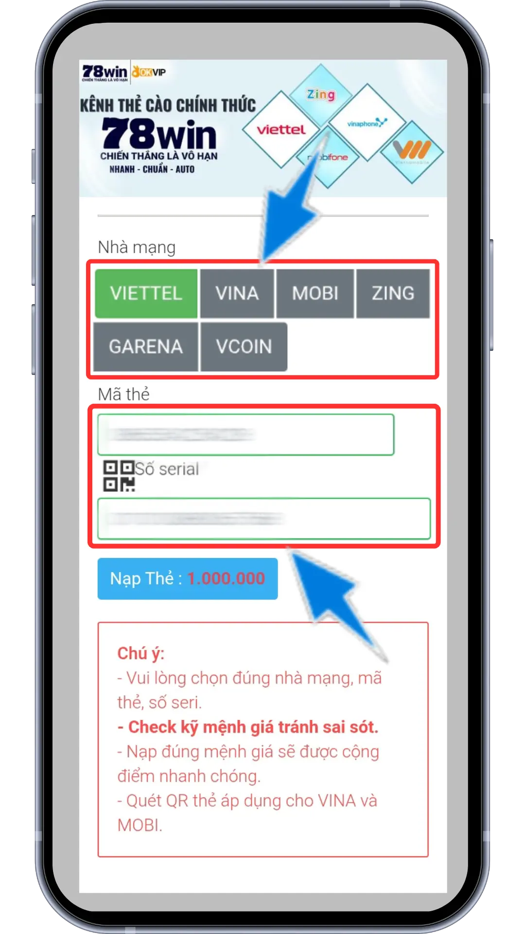 Bước 3: Điền mã thẻ cào - điền số seri thẻ cào - chọn loại thẻ cào => Ấn nạp thẻ cào